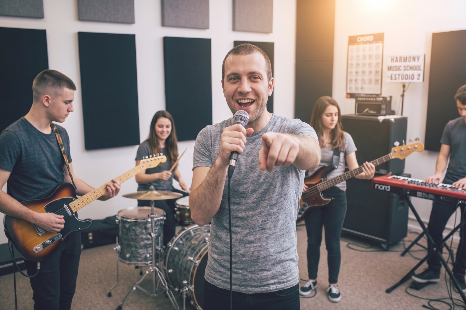 Pessoas tocando instrumentos em um estúdio musical