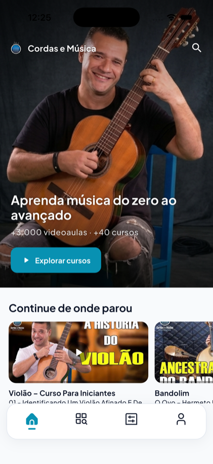 Tela inicial do app Cordas e Música no celular